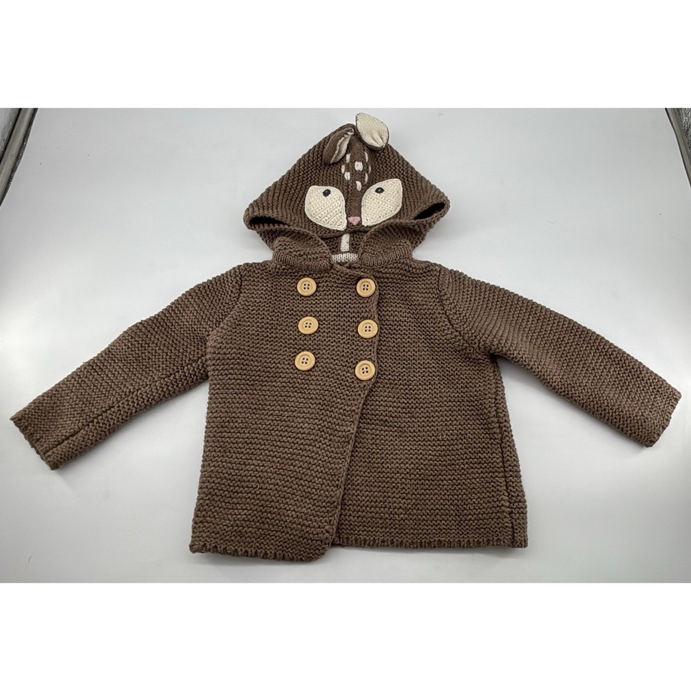 Baby Boden Brown Fox Applique Hooded Cotton Blend Knit Sweater-6-12 Months - Picture 1 of 8